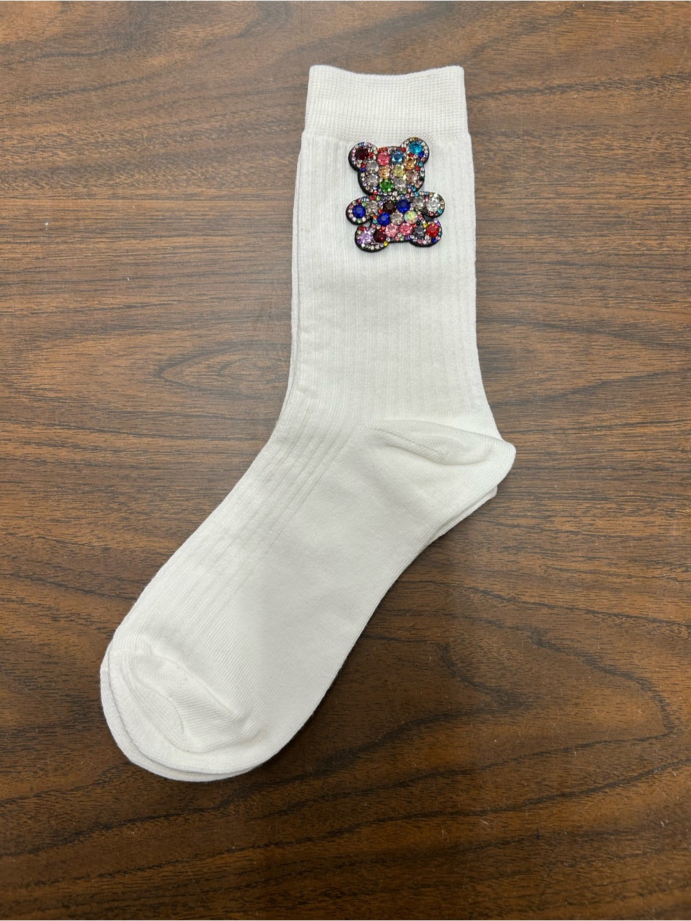 New Adult White Crew Socks with Multicolor Bejeweled Bear Accents